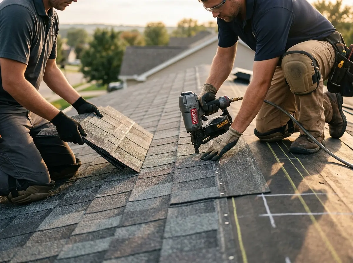 Professional roofer working on a residential roof in Aransas Pass